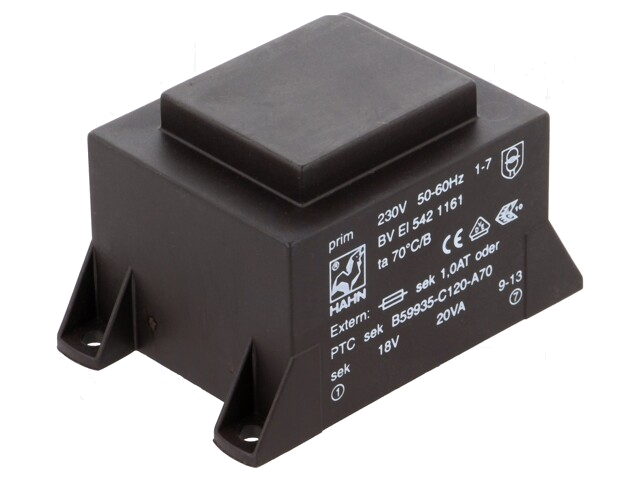 Transformator: ingegoten; 20VA; 230VAC; 18V; 1112mA; PCB; BVEI Transformator: ingegoten; 20VA; 230VAC; 18V; 1112mA; PCB; BVEI